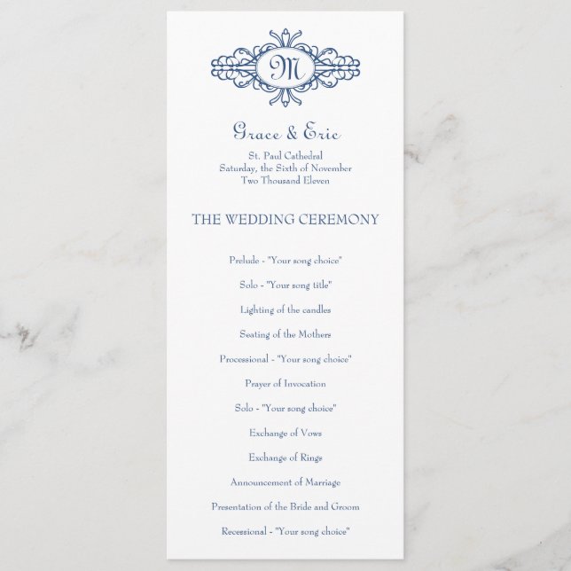 Baroque frame monogram navy blue wedding program (Front)