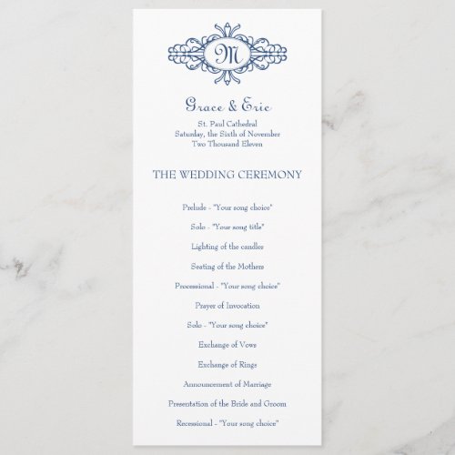 Baroque frame monogram navy blue wedding program