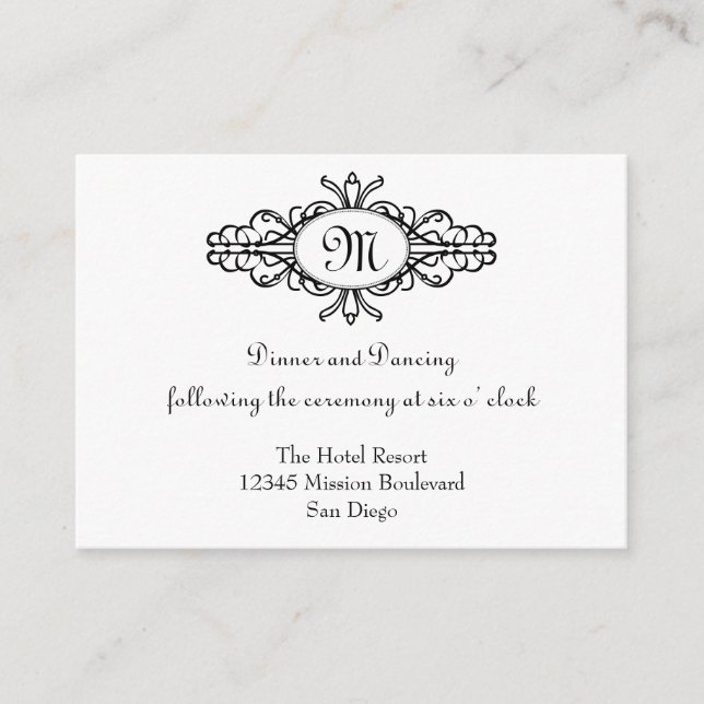Baroque frame monogram wedding reception enclosure card (Front)