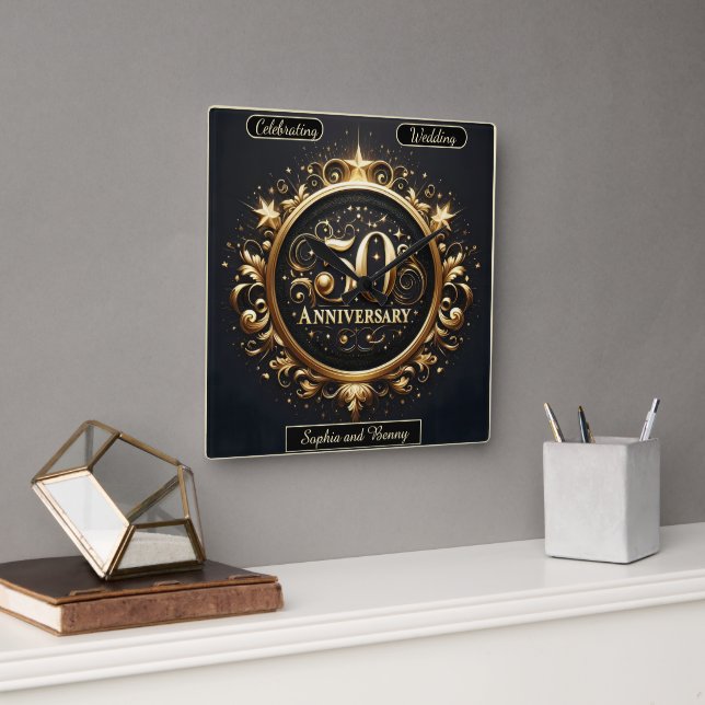 Baroque Gold: 50-Year Celebration Design Square Wall Clock (Office)
