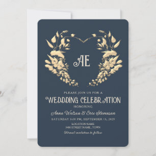 Baroque Gold and Navy Blue Wedding Invitation