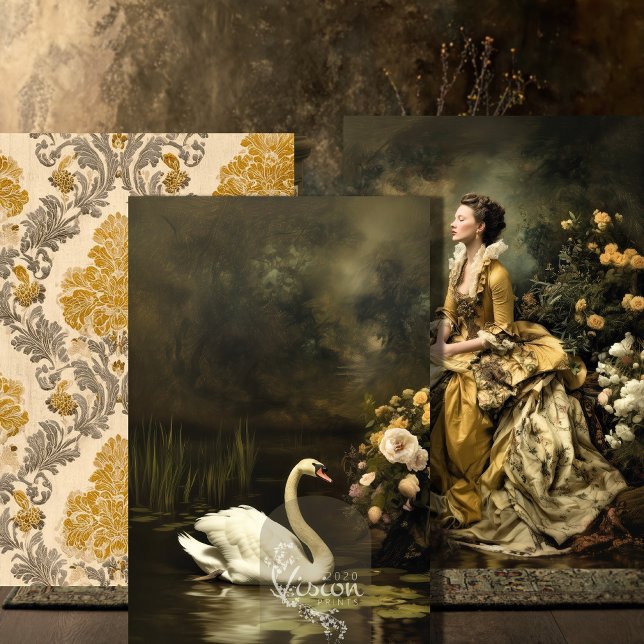 Baroque Gold Damask Lady Swan Portrait Set Wrapping Paper Sheets (Three baroque art prints flat lay display gold damask lady swan dark moody tones)