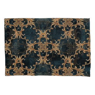 Baroque gold elements, dark teal seamless. pillow case