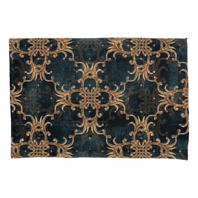Baroque gold elements, dark teal seamless. pillow case (Front)