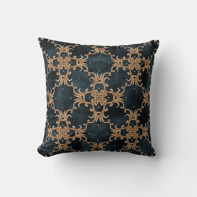 Baroque gold elements, dark teal seamless. throw pillow (Front)