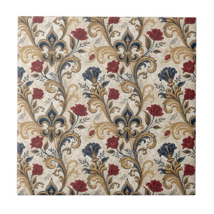 Baroque Gold Fleur-de-Lis & Roses Floral Damask Ceramic Tile