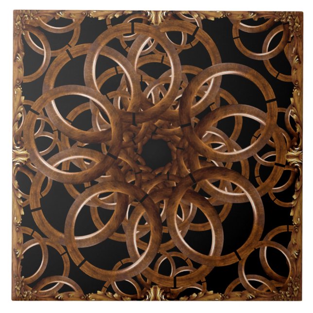 Baroque Gold Framed Interlocking Wooden Rings Ceramic Tile (Front)