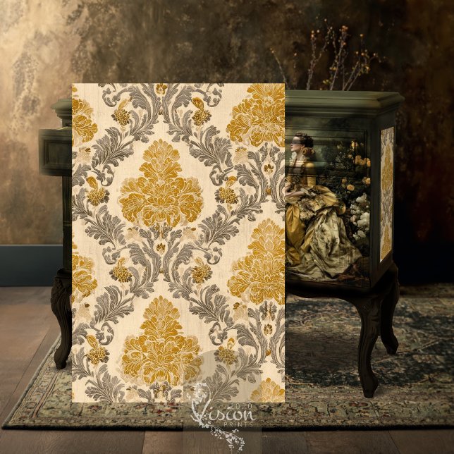 Baroque Gold Grey Damask Repeat Pattern Design Tissue Paper (Gold grey damask print and baroque lady portrait styled on dark ornate vintage cabinet)