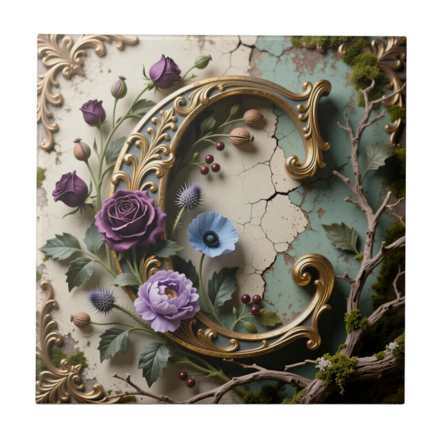 Baroque Gold Patina Letter C Monogram Ceramic Tile (Front)