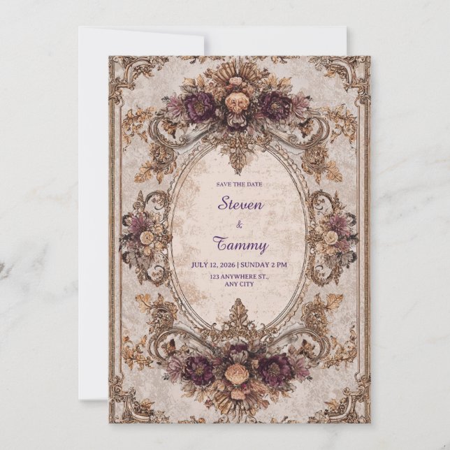 Baroque Gold Plum Floral Oval Frame Wedding Invitation (Front)