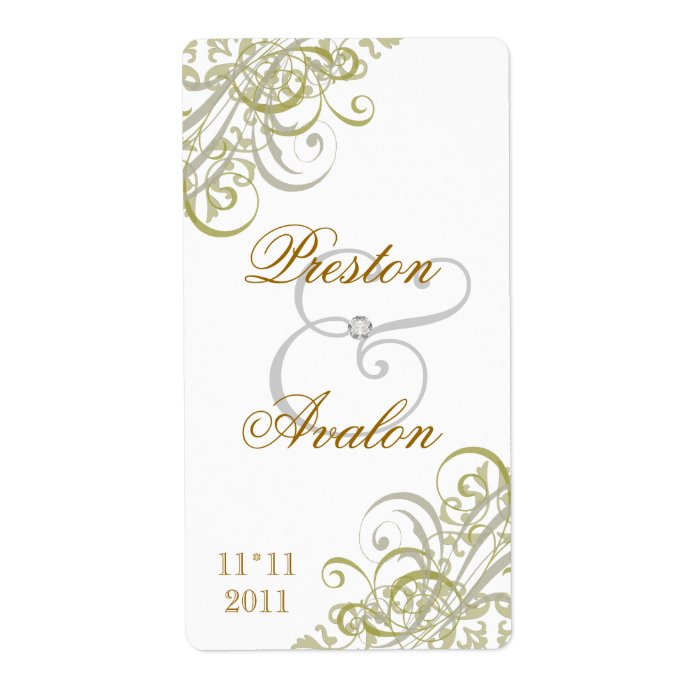 Baroque Gold Scroll White Wedding Wine Label