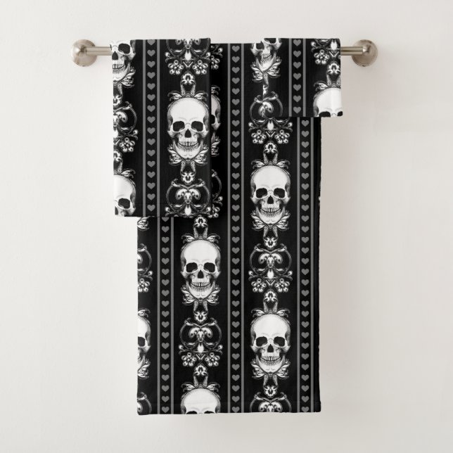 Baroque Gothic Skull Stripe Bath Towel Set (Insitu)