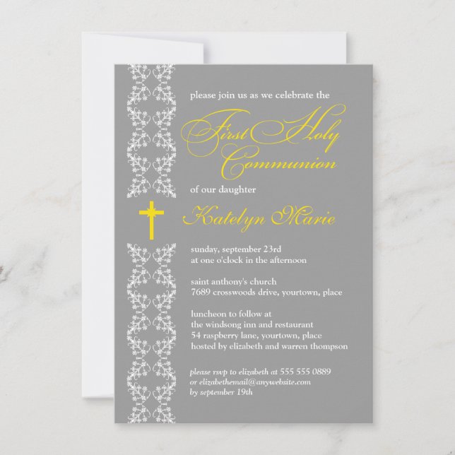 Baroque Gray Strip First Holy Communion Invitation (Front)
