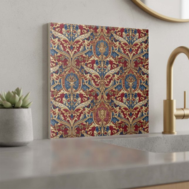 Baroque Heraldic Scrollwork Pat#4 Red Blue ID1194 Ceramic Tile (Creator Uploaded)