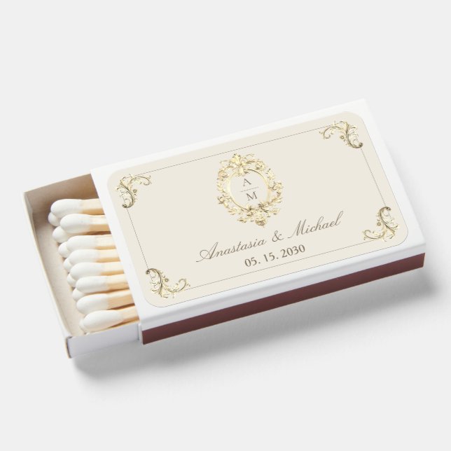 Baroque Ivory Gold Wedding Favor Matchboxes (Front Open)