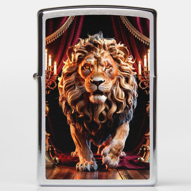 Baroque Lion Zippo - in Decorative Gold Frame Lighter (Front)