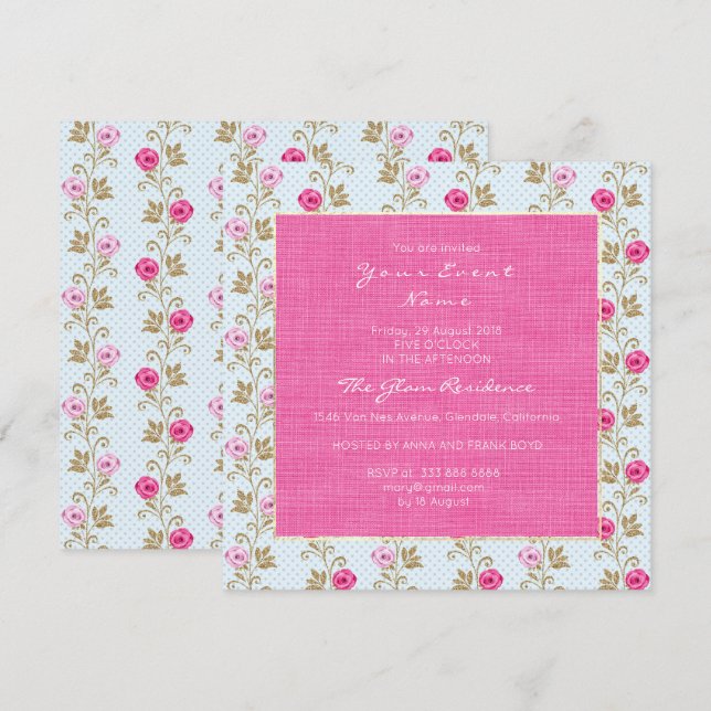 Baroque Marie Antoinette Floral Pastel Pink Roses Invitation (Front/Back)