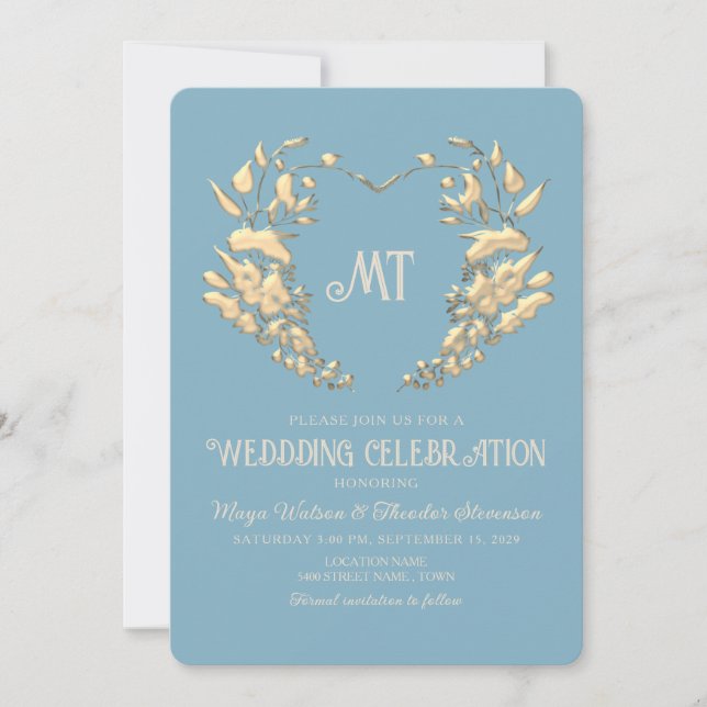Baroque Monogram Blue Gold Wedding Invitation (Front)