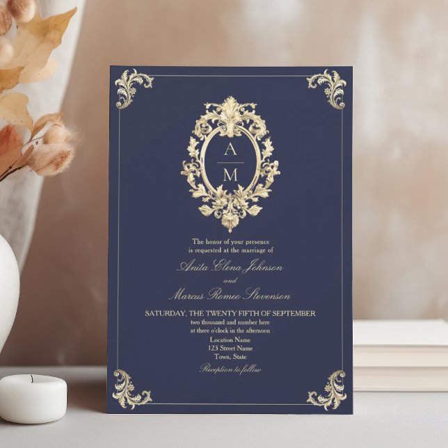 Baroque Navy Blue Gold Monogram Wedding Invitation (Creator Uploaded)