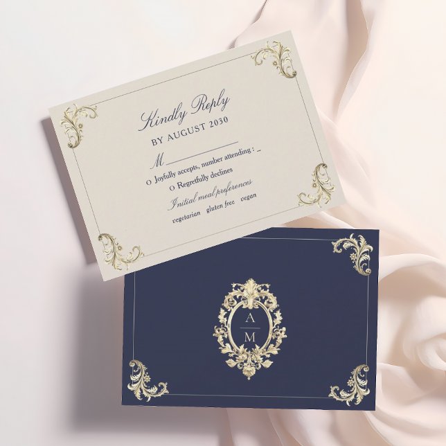 Baroque Navy Blue Gold Wedding RSVP Card (Creator Uploaded)