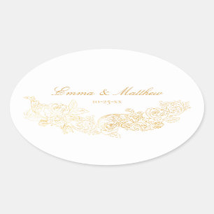 Baroque Ornament Golden Wedding Logo Oval Sticker