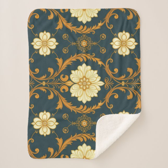 "Baroque Ornament Pattern in Gold and Black" Des Sherpa Blanket (Front)