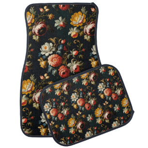 Baroque Ornate Florals On a Black Background Car Floor Mat