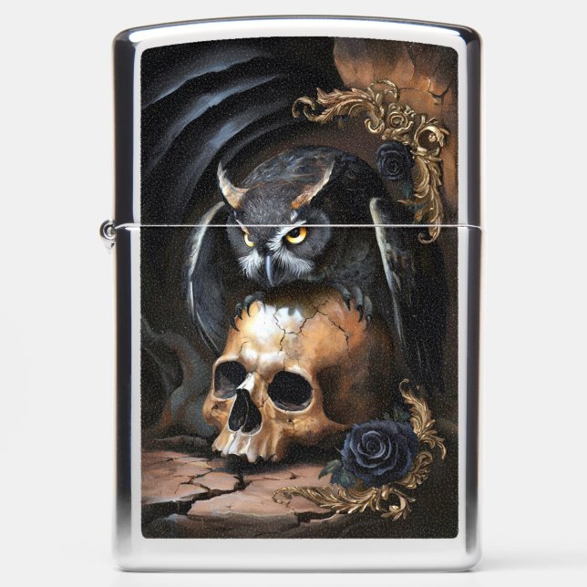 Baroque Owl with Skull and Black Roses Zippo Lighter (Front)