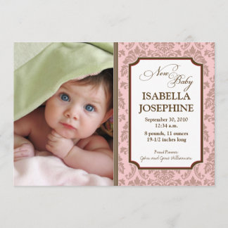 Baroque Pattern Baby Birth Announcement (pink)
