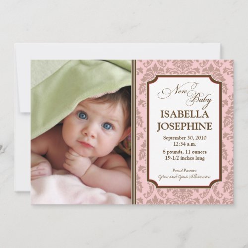 Baroque Pattern Baby Birth Announcement (pink)