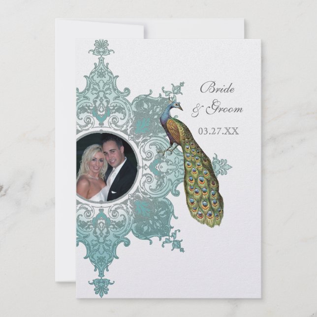 Baroque Peacock Wedding Invitation - Aqua Blue (Front)