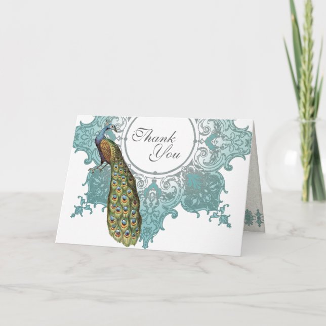 Baroque Peacock Wedding Thank You Note - Aqua Blue (Front)