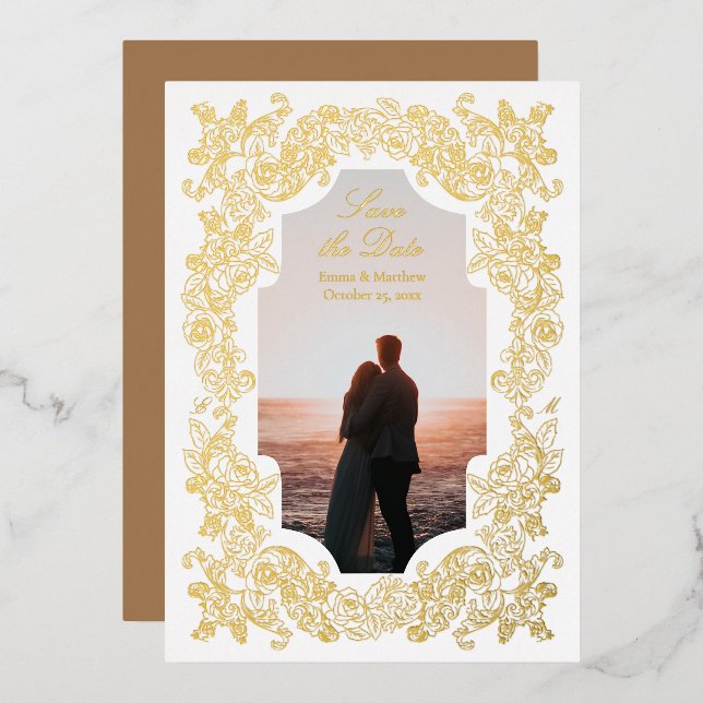 Baroque Photo Save the Date Gold Foil Invitation (Front/Back)