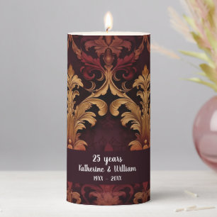 Baroque red gold damask anniversary pillar candle