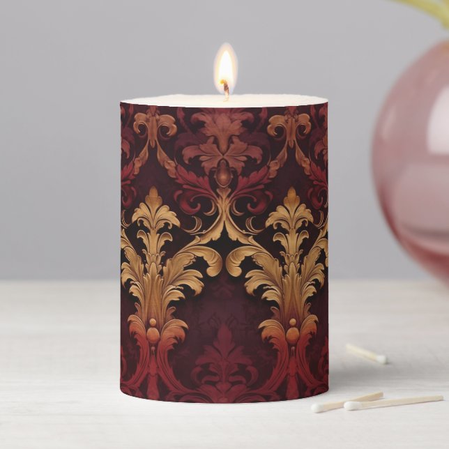 Baroque red gold damask  pillar candle (In Situ)