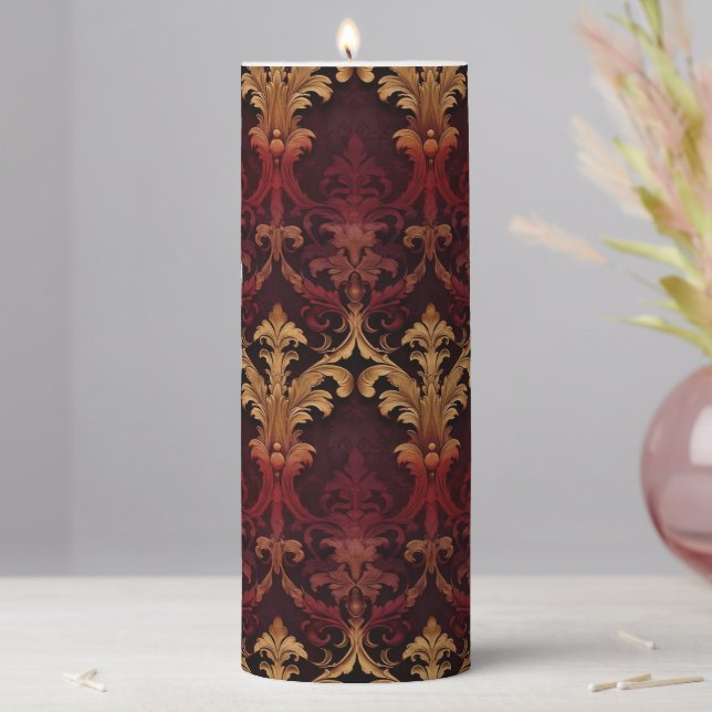 Baroque red gold damask  pillar candle (In Situ)