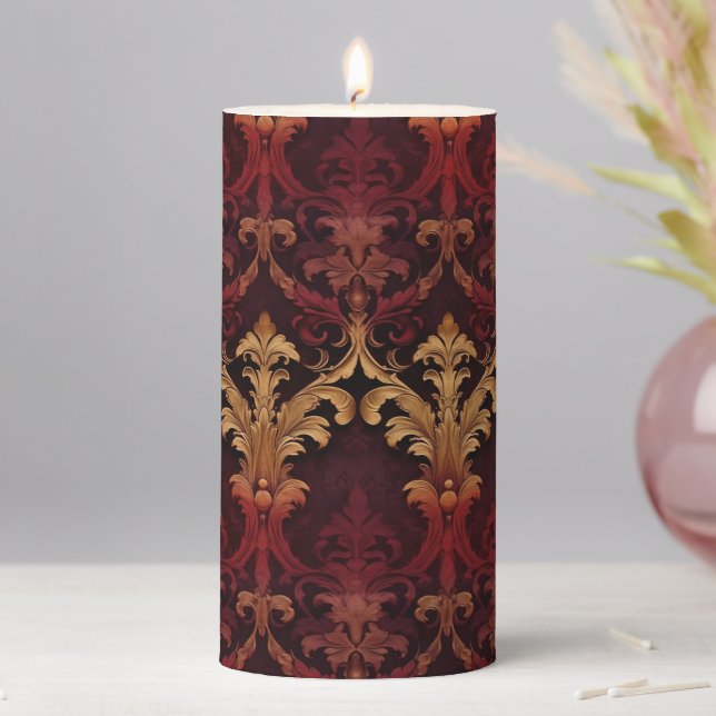 Baroque red gold damask  pillar candle (In Situ)