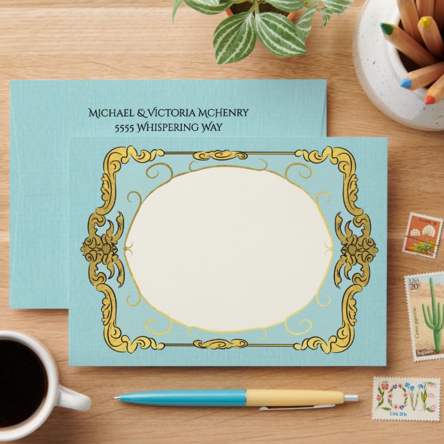 Baroque Regency Faux Gold Blue Envelope (Desk)