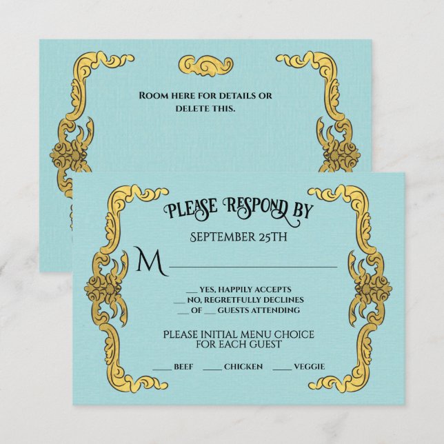 Baroque Regency Faux Gold Blue RSVP response card (Front/Back)