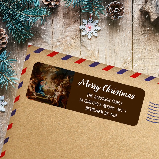 Baroque Religious Christian Christmas Nativity Label (Baroque Religious Christian Catholic Script Merry Christmas Nativity Scene Return Address Labels)