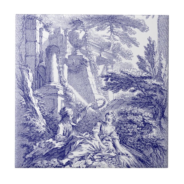 Baroque Rococo Boucher Pastoral Blue & White Ceramic Tile (Front)