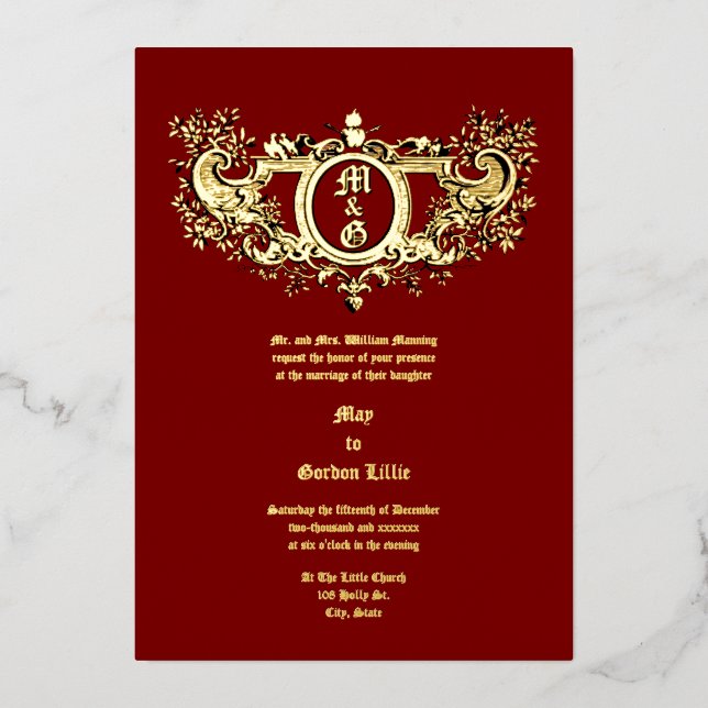 Baroque Rococo Cartouche Flaming Hearts & Birds Foil Invitation (Front)