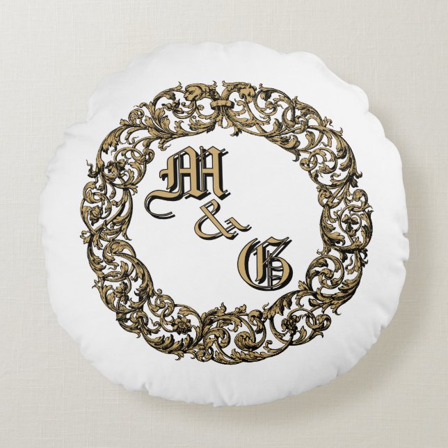 Baroque Rococo Cartouche Monograms Wedding Rings Round Pillow (Front)