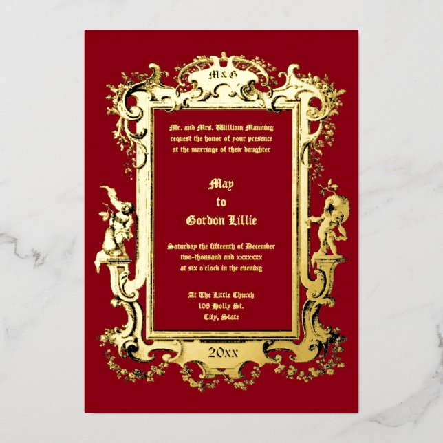 Baroque Rococo Cherubs Fruit Floral Frame Border Foil Invitation (Front)