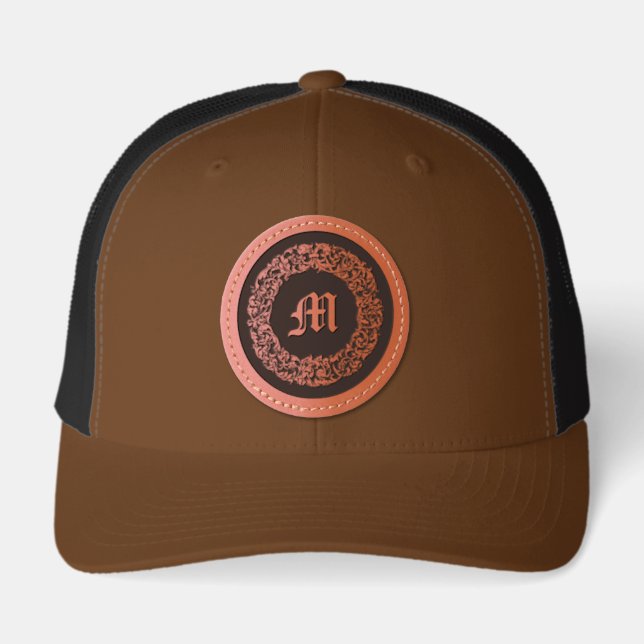 Baroque Rococo Floral Wreath Monogram Print Leather Patch Hat (Front)