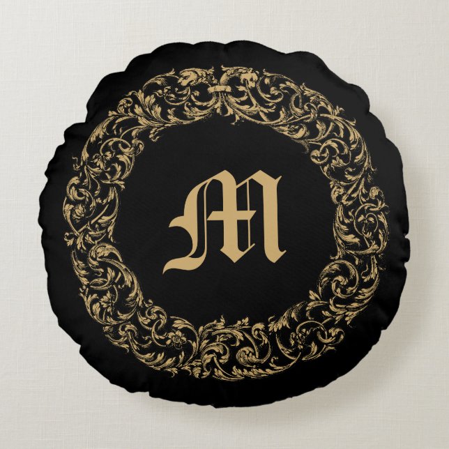 Baroque Rococo Floral Wreath Monogram Print Round Pillow (Front)