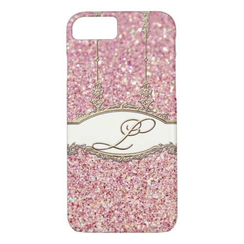 Baroque Rococo Gold Monogram L Bokeh Glitter Pink iPhone 87 Case