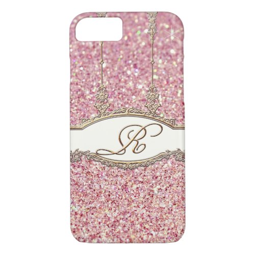 Baroque Rococo Gold Monogram R Bokeh Glitter Pink iPhone 87 Case