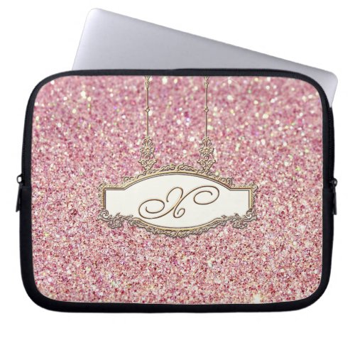 Baroque Rococo Gold Monogram X Bokeh Glitter Pink Laptop Sleeve