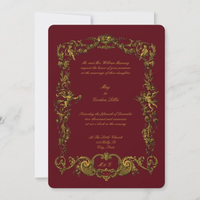 Baroque Rococo Golden Floral Garlands & Cherubs Invitation (Front)